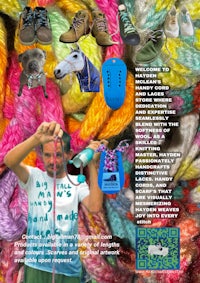 a poster with a man holding a toy in front of a bunch of colorful yarn