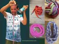 a man is demonstrating how to make a crocheted lanyard